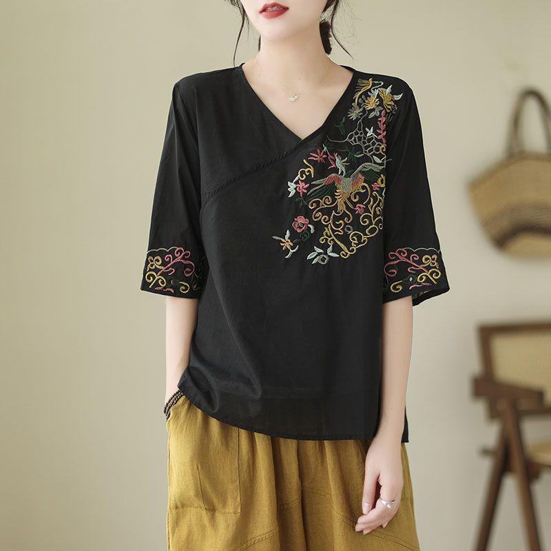 Summer Retro Ethnic Style Solid Color V-neck Heavy Industry Embroidered Shirt Women's All-match Casual Thin Top