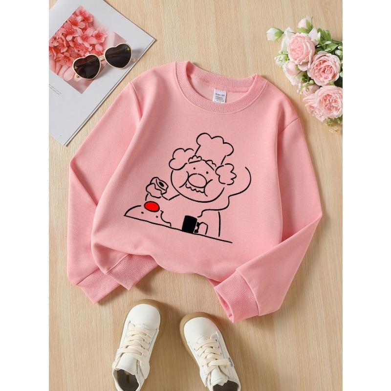 European sizes Girls' Long-Sleeve Round Neck Sweatshirt "Chef Cooking" Print, Spring/Autumn, Casual, Daily & Sports.