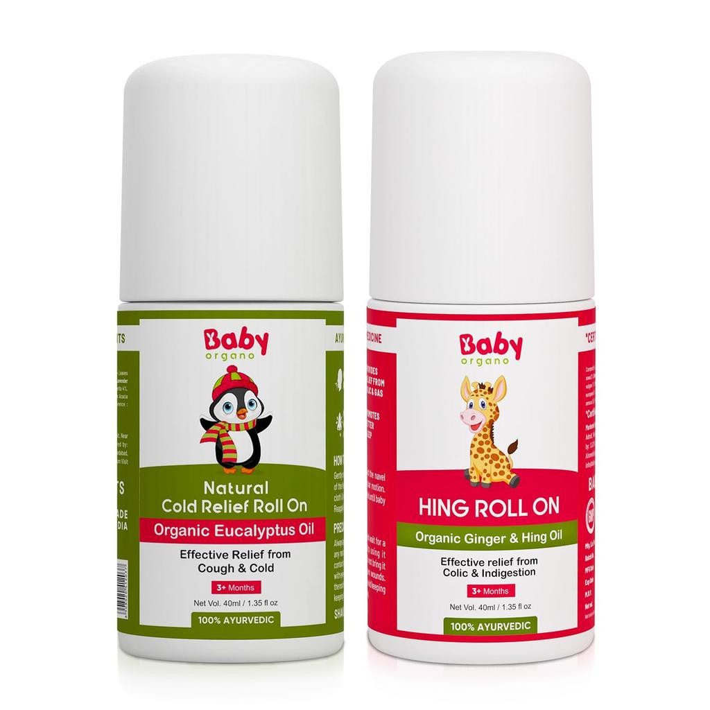 Baby Organo Combo aus Asafoetida Roll-On und Natürlichem Erkältungs-Roll-On | je 40 ml | 100% Ayurveda| Erkältung & Nasenverstopfung mit Asafoetida | Hergestellt in Indien