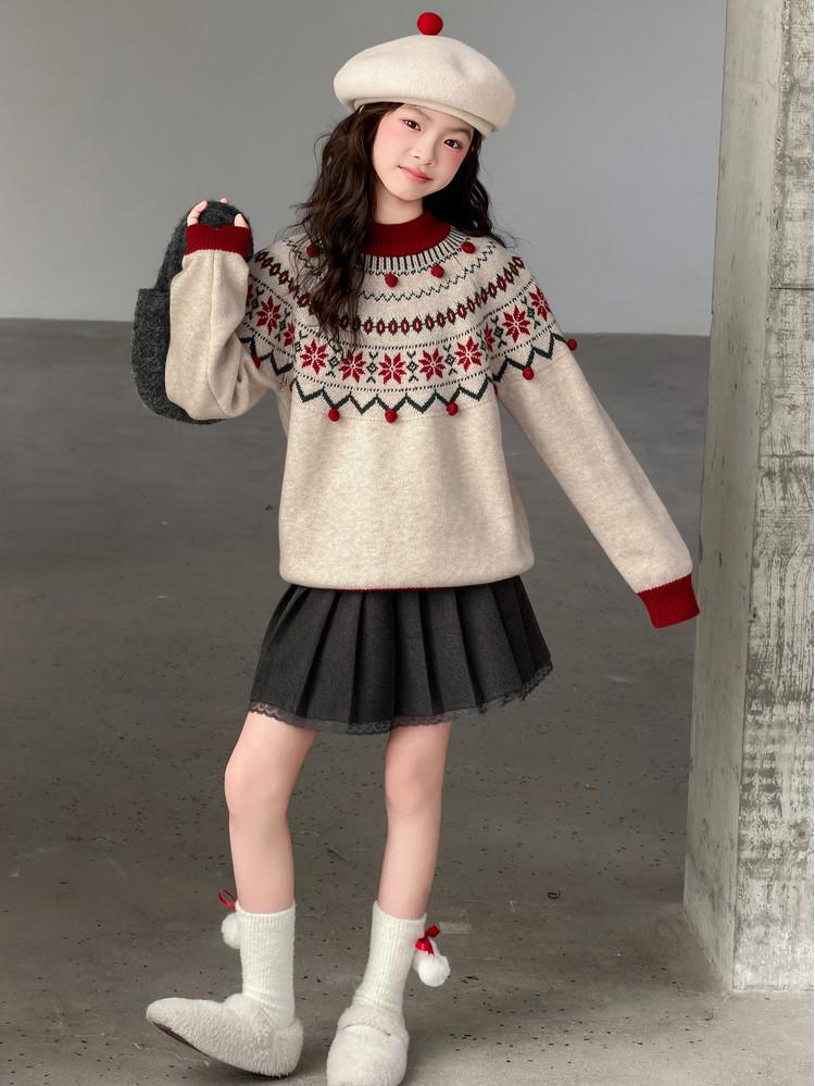 Girls' 2025 Autumn/Winter Stylish Thick Knit Sweater - Warm Fashionable Top for Big Kids
