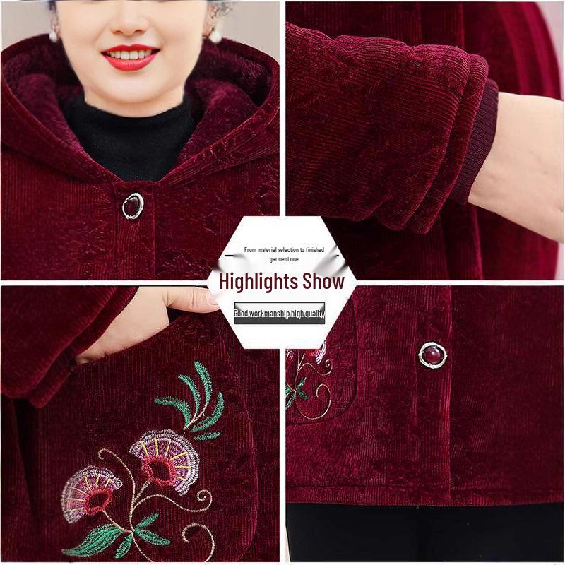 Warm Fleece-Lined Winter Jacket with Hood for Middle-aged and Elderly Women