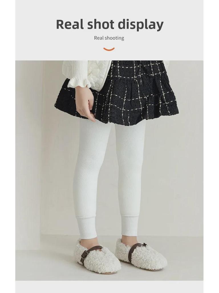 Girls' Velvet Winter Leggings: White, Cotton, Vertical Stripes, Warm, Thickened Nine-Point Children's Pantyhose