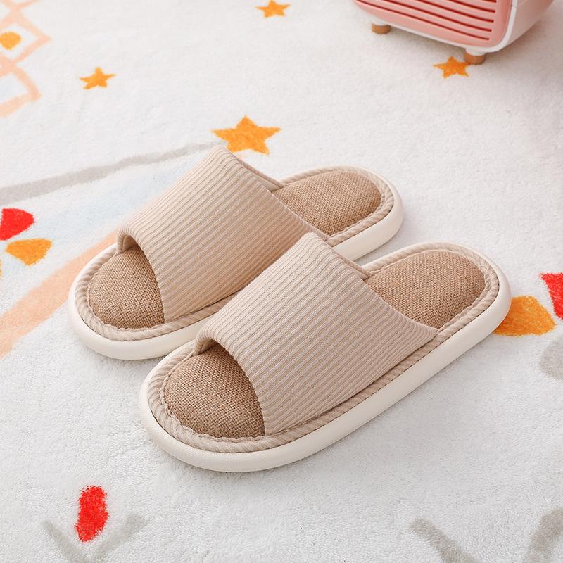 Japanese linen slippers female silent indoor couple home soft bottom non-slip breathable four-season slippers home men