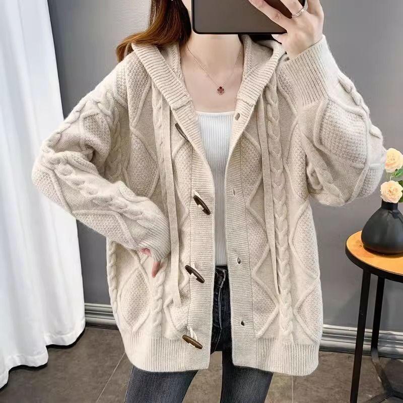 Cárdigan con capucha para mujer, moderno y popular, cárdigan de punto holgado para otoño e invierno