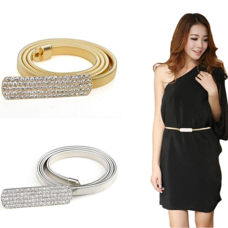 Cheap Women Elastic Metal Chain 5 Row Rhinestone Belts for dresses Gold