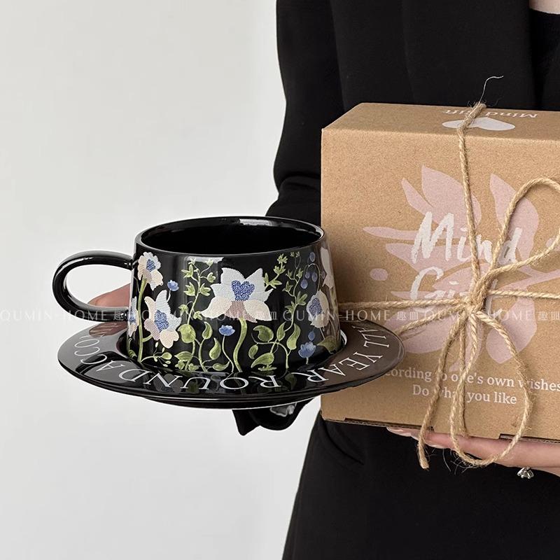 Retro Watercolor Art Style, Fashionable Home Ceramic Coffee Cup and Plate Set