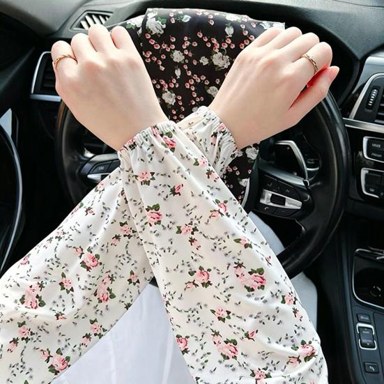 Ice Silk Arm Sleeves for Women, UV Sun Protection Cooling Sleeves with Floral Print, Loose Fit Elastic Cuffs Arm Covers for Cycling Driving Working
