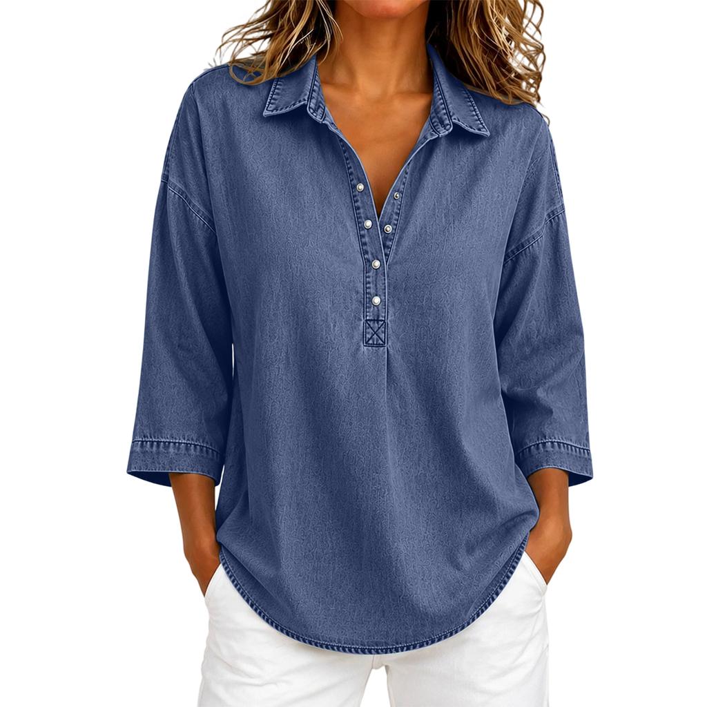 Women's Loose Fit Denim- Button Top with Three-Quarter Sleeves for Casual Everyday Wear