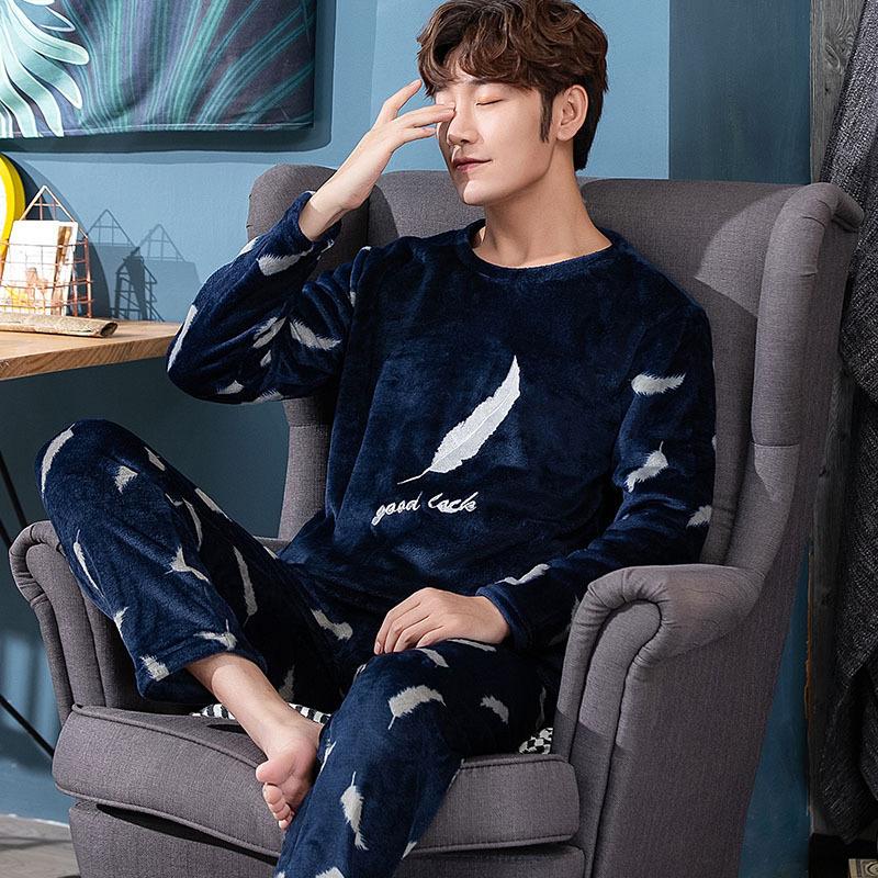 Thickened Warm Winter Flannel Pajamas Men Padded Long-Sleeved Long Trousers Letters Sleepwear Homewear Loungewear Two-Piece Set