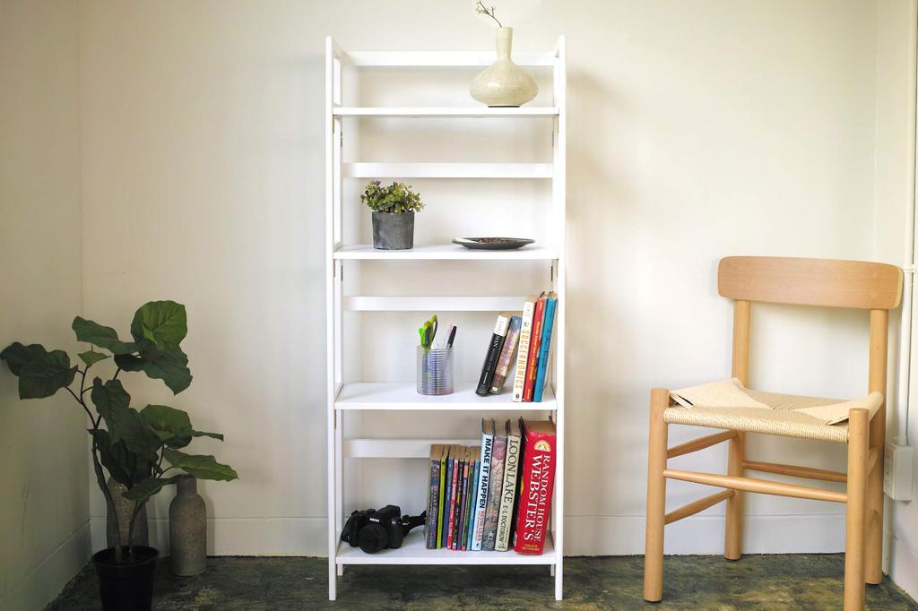 North Orange Folding Wooden Folding 4 Open Shelf Rack, Shelf, Tiers, White,