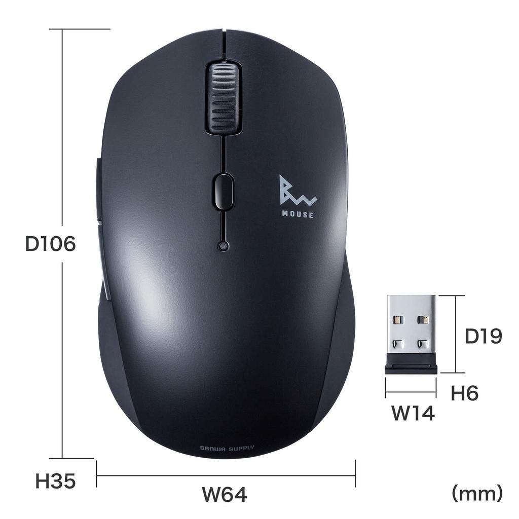 Sanwa Supply Mouse Combo (Bluetooth + 2.4GHz Wireless Compatible), Silent Buttons, Blue LED, 5 Buttons (Back & Forward), Medium, Black, MA-WBTBL193BK