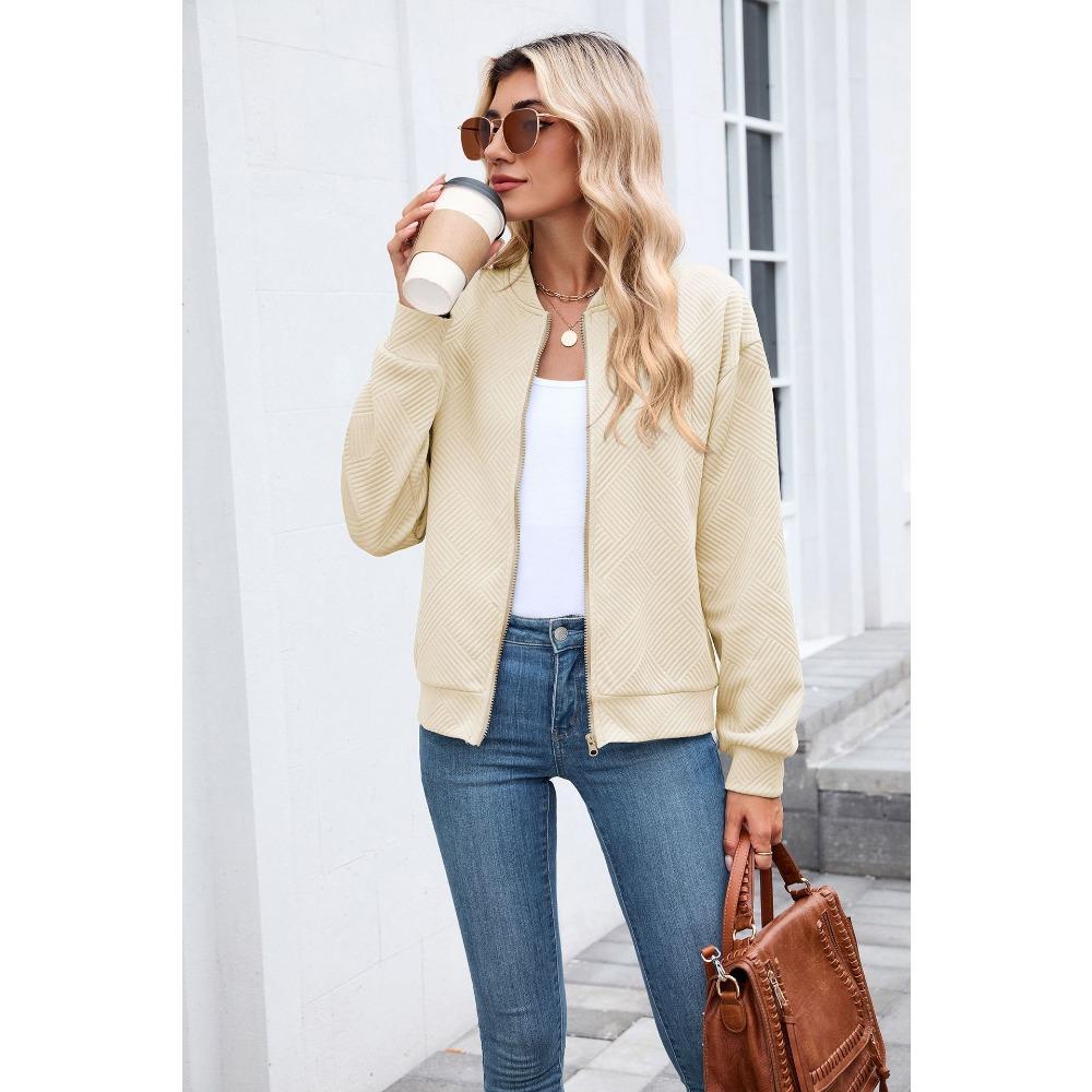 Women's Long-Sleeve Jacket Fall/Winter Solid Color Crew Neck Zipper Loose-Fit Long-Sleeve Sweatshirt Women's Baseball Jacket