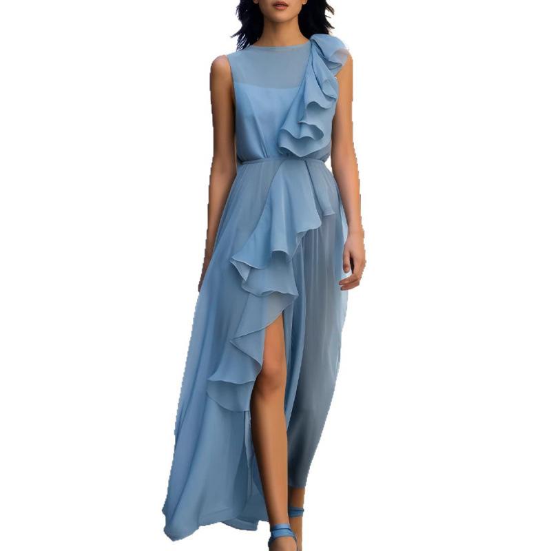 New European and American women's long dress chiffon ruffle edge fairy air long temperament irregular dress