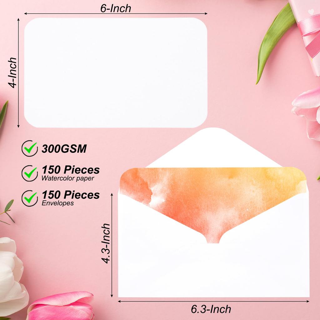 PATIKIL 150-Pack Pure Cotton Watercolor Cards 140lb/300GS M Postcards with Rounded Corners and Envelopes for Art, Painting, Creative Use, Thank You No