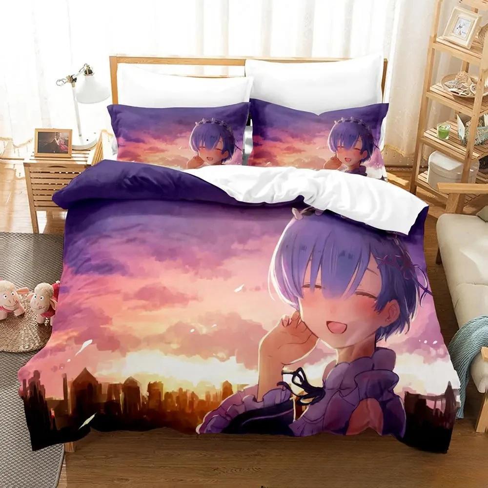 3D Print Anime Re Zero Rem Ram Emilia Bedding Set Duvetcover Bed Set Quilt Cover Pillowcase Comforter King Queen Size Boys Adult