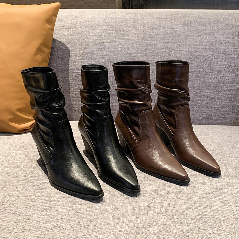 Aphixta 7cm High Heels Modern Boots Black Pleated Ankle Boots Women Winter Boot Pointed Toe Shoes botas mujer botines