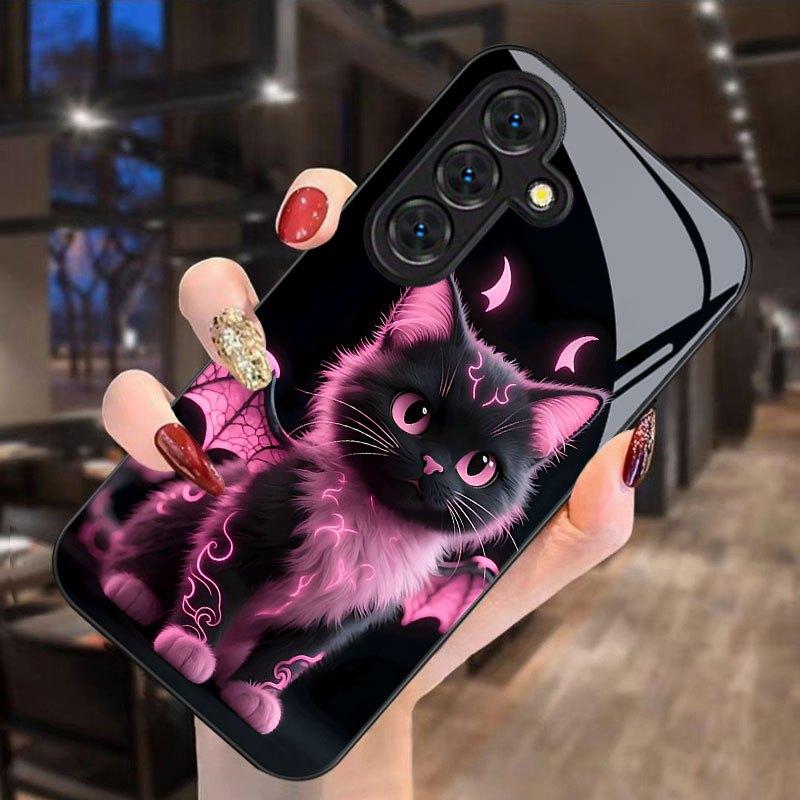 Cute Devil Cat Pattern Glass Phone Case Suitable for Samsung GalaxyS26 S25 S24 S22 S21 S20FE/Ultra/Plus Dustproof and Shockproof