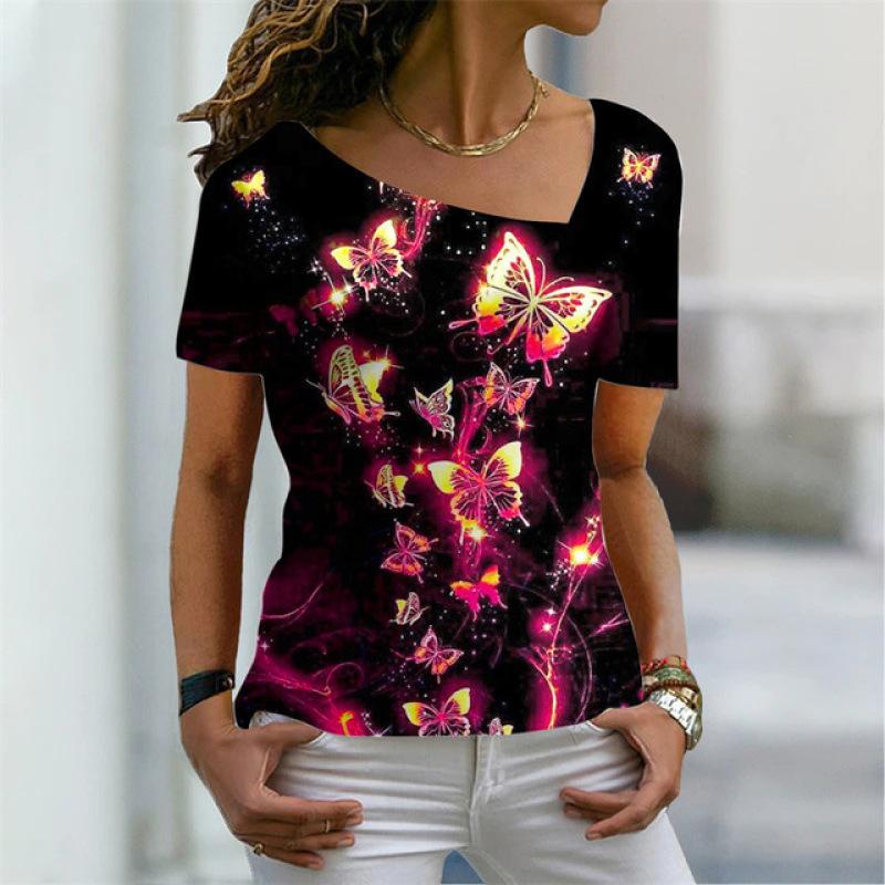 

Элегантный пуловер, женская футболка с принтом бабочки, модный тренд, тонкий легкий косой воротник, белая женская одежда с короткими рукавами для отдыха 5XL