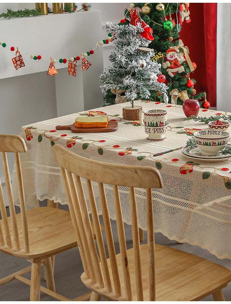 Christmas Beige Lace Tablecloth Beige Red Lucky Bells Washable Table Cover for Party Wedding Picnic Dinner Decor