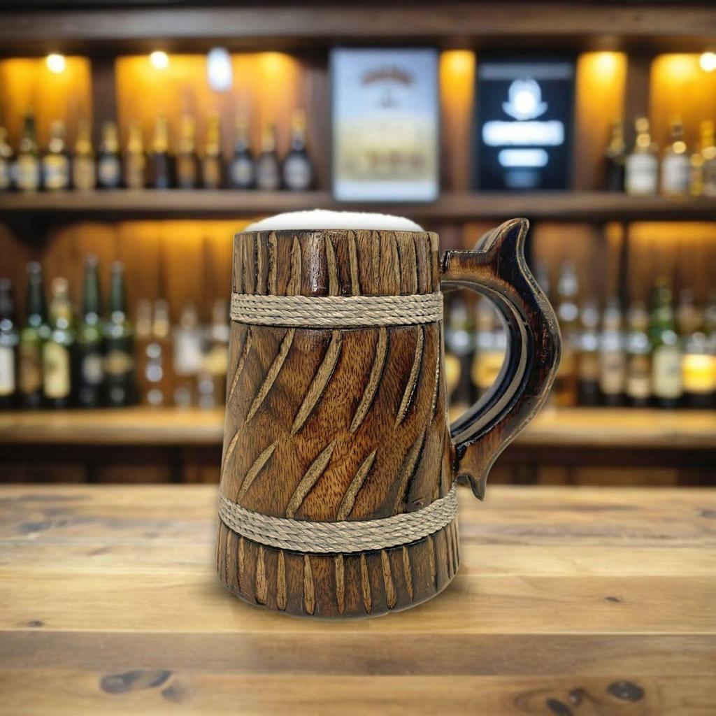 350ml Handgjord Trämugg för Öl, Mangoträ med Sheesham-finish, Tunna-stil, Lättviktig & Hållbar, för Hantverksöl, Hemmabar, Kafé, Fest, Gåva