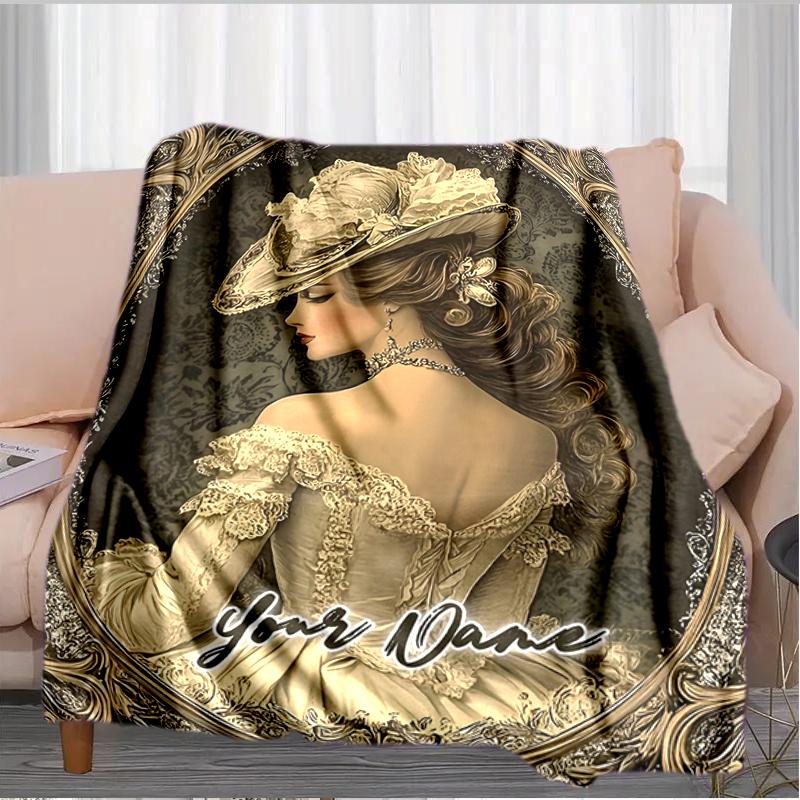 1PC Custom Name Victorian Elegance Portrait Flannel Blanket Versatile,all-season Throw Suitable for the Living Room,bedroom,camping,travel,and Gift