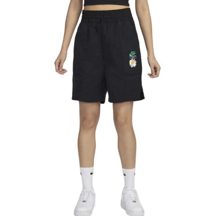 Nike Plant Embroidery Comfortable Quick-Dry Breathable Elastic Drawstring Casual Shorts Women shorts Black HJ9424-010