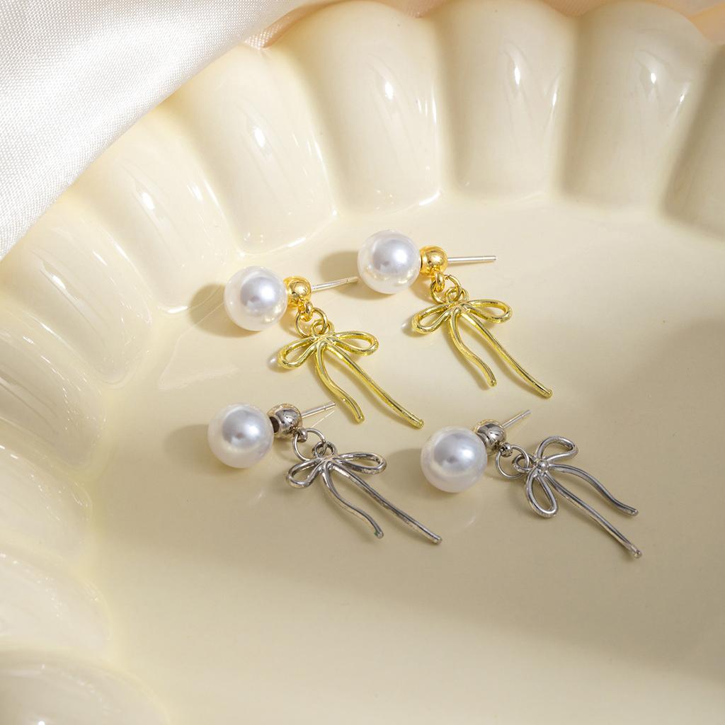 Xiaoxiangfeng Bow Fringed Pearl Stud Earrings, Fresh, Sweet And Advanced, Can Wear Two Earrings For Women