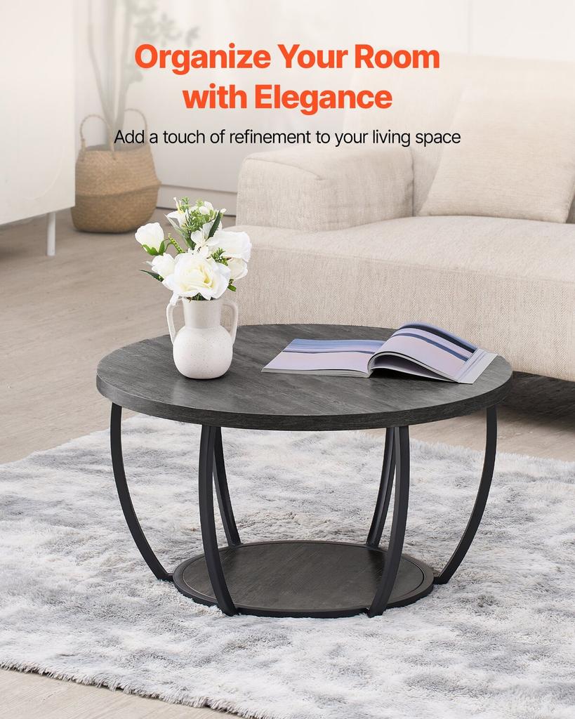 Coffee Table, Modern Round Coffee Table, 2 Tiers Wooden Circle Center Desk with Open Storage, Minimalist Sturdy Metal Frame Accent End Desk for Living
