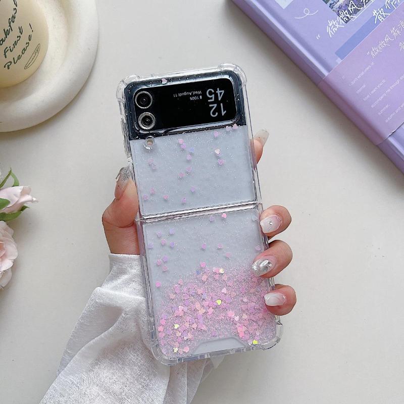 Luxury Glitter Sequin Drip Glue Transparent Phone Case For Samsung Galaxy Z Flip Fold 3 4 5 6 W24 W23 Shockproof Shell