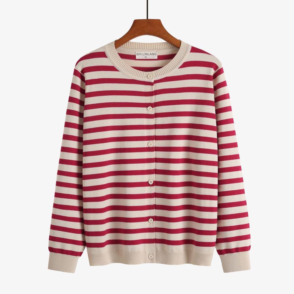 2025 Spring Plus Size Women's Striped Knit Cardigan - Simple, Round Neck, Korean Style, Slimming, Age-Reducing Sweater for 220 jin