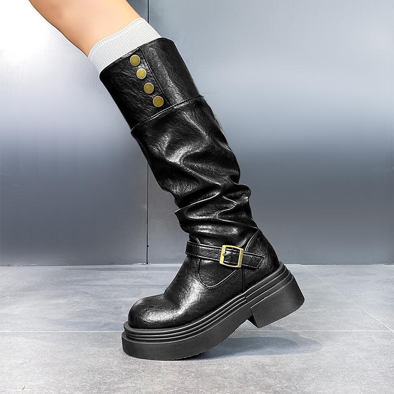 

Ботинки на толстой подошве, женские складные ботинки, новая модель весна-осень с пряжкой на ремне, модные ботинки в западном стиле, для полных ног 35 чёрный