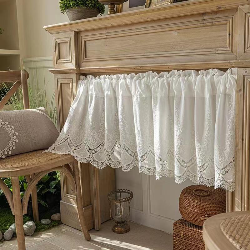 100% Cotton Hollow Flowers Short Curtains Living Room Korean Gream Lace Cloth Half Curtains for Kitchen Bookshelf Dust Curtain