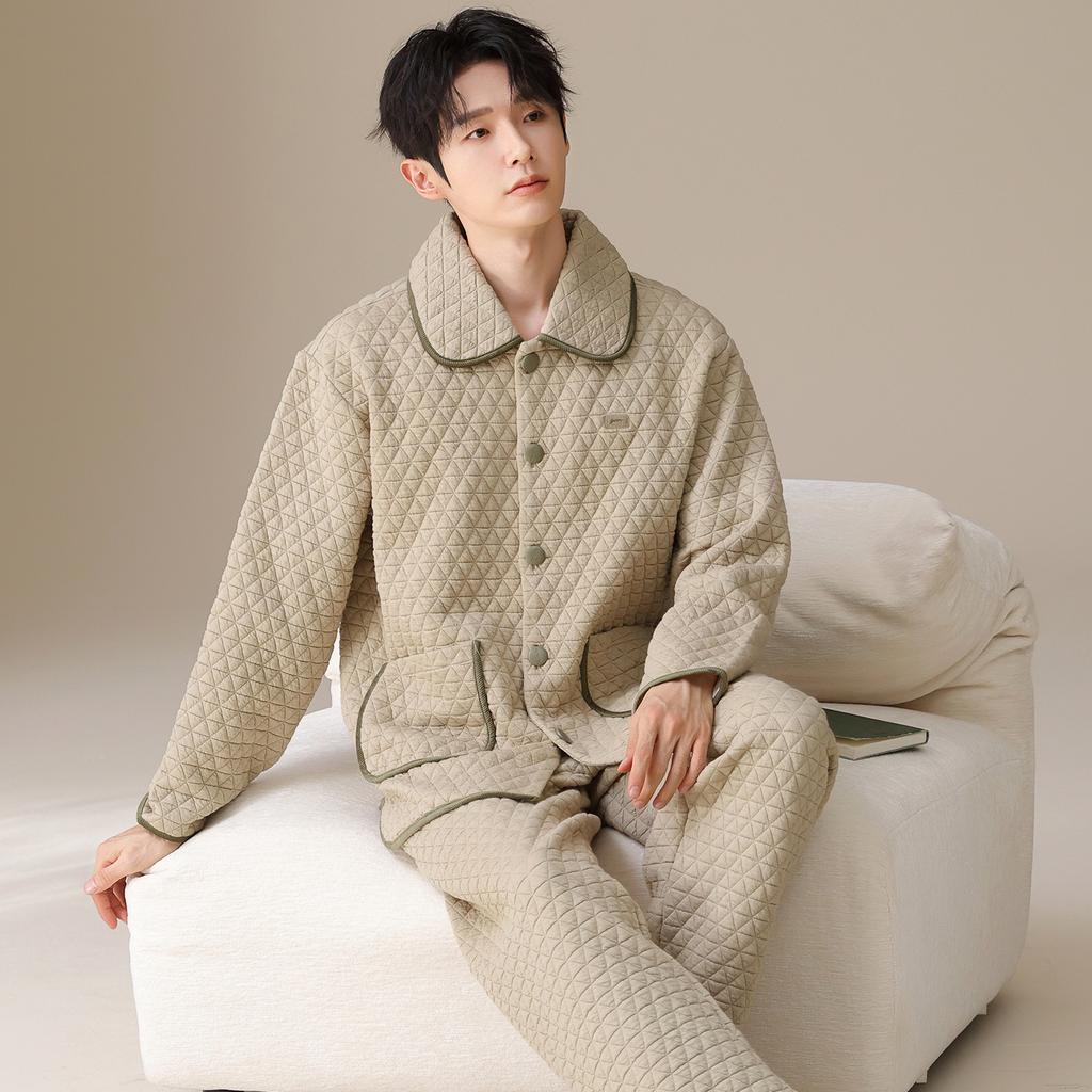 Air Cotton Mezzanine Pajamas Men'S Autumn And Winter Cotton Long-Sleeved Thickened Loungewear Suit