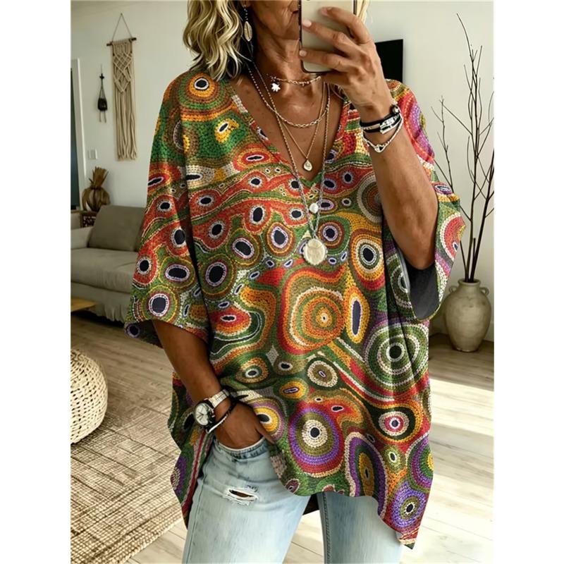 T-shirt da Donna Taglie Forti con Scollo a V e Maniche a Pipistrello Stampa Etnica Bohemien Top Largo Estivo Comodo Traspirante per il Pendolarismo Quotidiano Casual