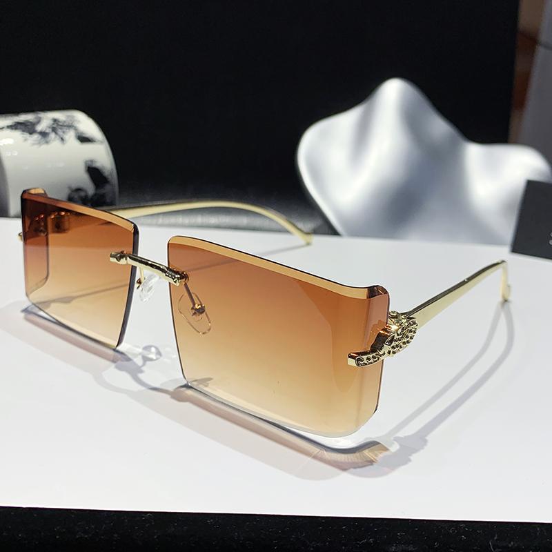 New Curved Lens Leopard Head Metal Frameless Edge Cutting High-Quality Sunglasses 90300