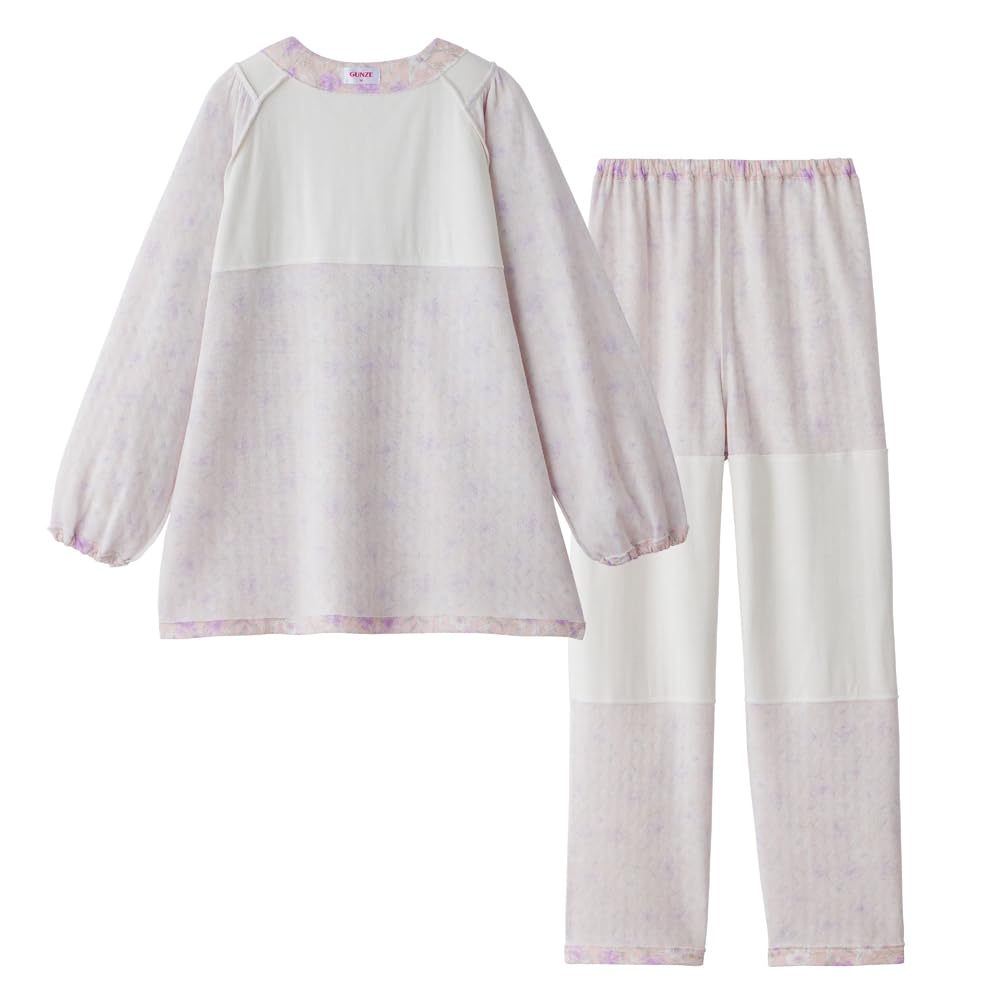 Gunze HOT MAGIC Thermal Long Sleeve Pants Elastic Sleeve and Leg Soft Purple Women's Double-Waist Pajamas, (with Holes), Quilted, (TG4174)