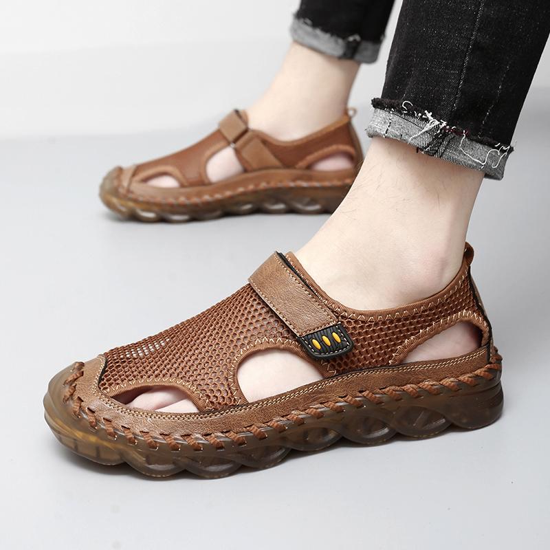 Men Outdoor Hiking Sandals Black Leather Closed Toe Grey Beach Shoes Wide Handmade Sandals Large Size for Father