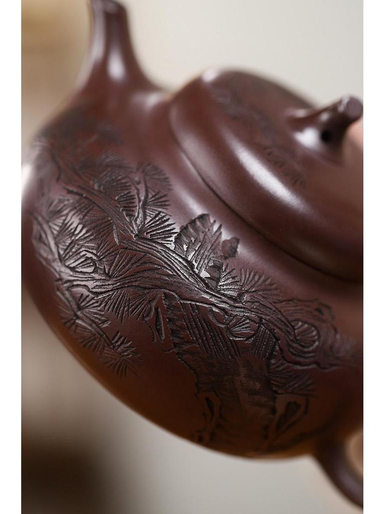 Cipher Yixing Original Ore Purple Clay Zisha Eggplant Gourd Teapot - Handmade Carved Gongfu Tea Set