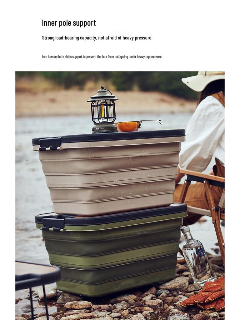 Outdoor Folding Picnic Basket with Wooden Lid - Multifunctional Storage Box for Camping or Car Use