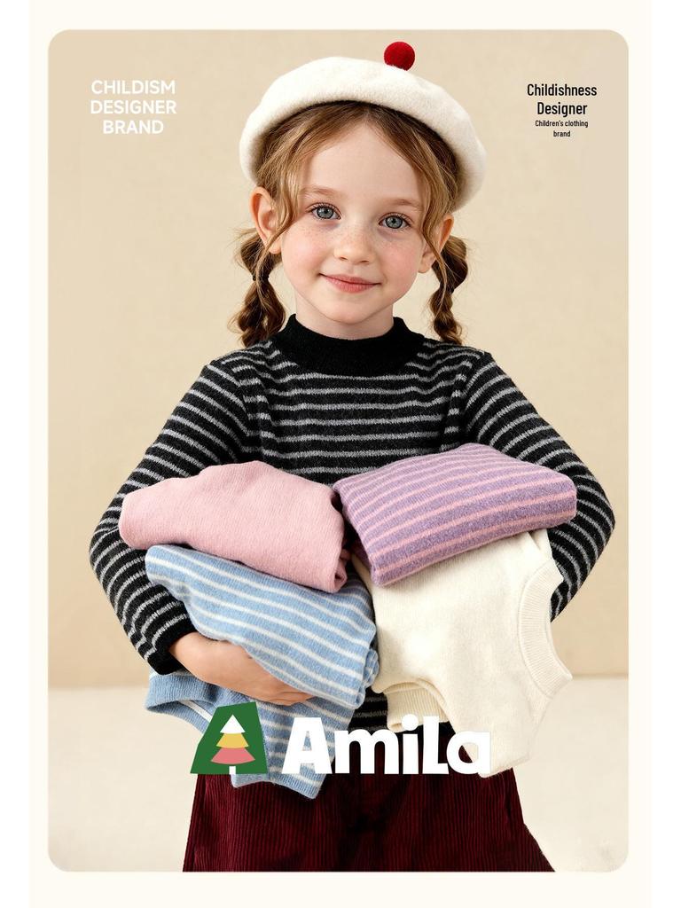 Tongbei 2025 Winter Girls' Striped Semi-High Neck Sweater: Soft, Warm, Versatile