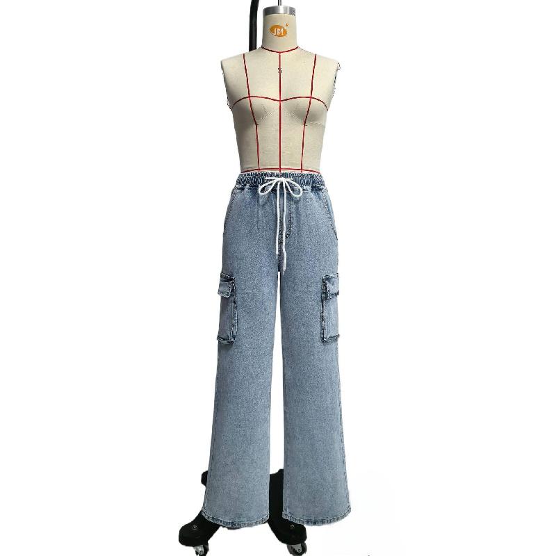 2026 Frühling/Sommer Neuer Trend Elastischer Bund Kordelzug Cargohosen Lässige Weitbeinige Jeans für Damen