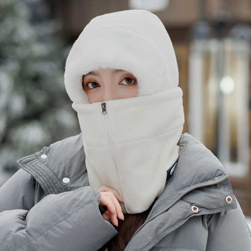 Autumn and Winter Headgear Female Cycling Warm Electric Vehicle Windproof Mask Integrated Fleece Ear Protector Pullover Cap