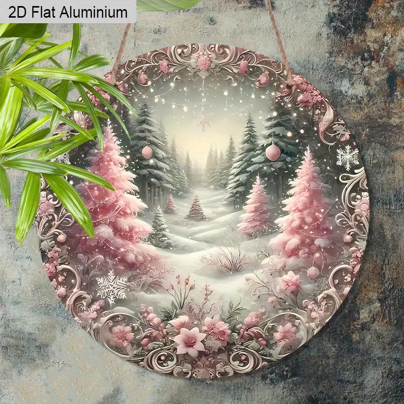 2D Flat Aluminium Pink Christmas Sign with Christmas Trees Pattern - Romantic Figurine Ornaments - Ideal for Front Door, Wall, Porch, Window Decor