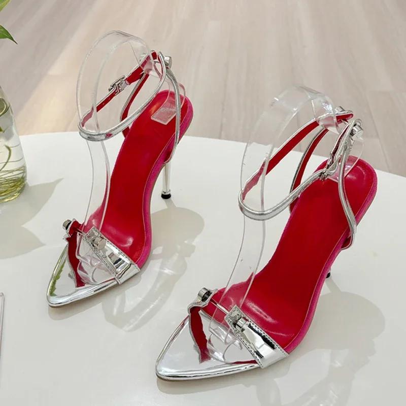

Luxury Designer Sexy Rivets Thin High Heeled Sandals Women 2025 Pointed Toe Ankle Strap High Heels Wedding Banquet Women Shoes 41 серебряный