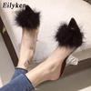 Eilyken Women Feather Transparent High Heels Fur Pumps Slippers Peep Toe Mules Pumps Slides White Ladies Shoes