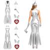 Women Tin Costume Halloween Jumpsuit Sequin Front Zipper Lapel V Neck Sleeveless Bell-bottom with Hat Axe Gloves Heart Clock Brooch for Themed Party