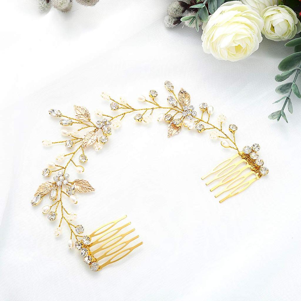 Gorais Crystal Bride Wedding Hair Combs Gold Leaf Bridal Hair Pieces Pearl Hair Accessories for Women and Girls (A-Gold) (A-Gold)