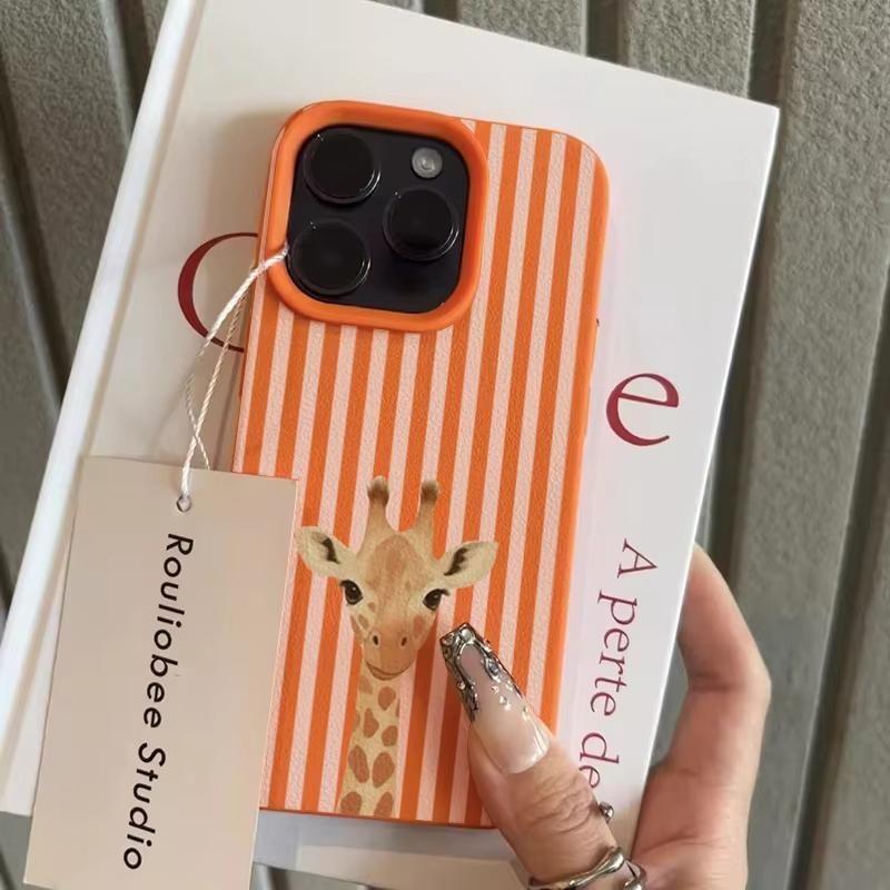 

Striped Background Giraffe Pattern Lychee Texture Phone Case For iPhone 17 Pro Max 16 Plus 15 14 13 12 11 XS XR 17Air Soft Cover iPhone XS Max