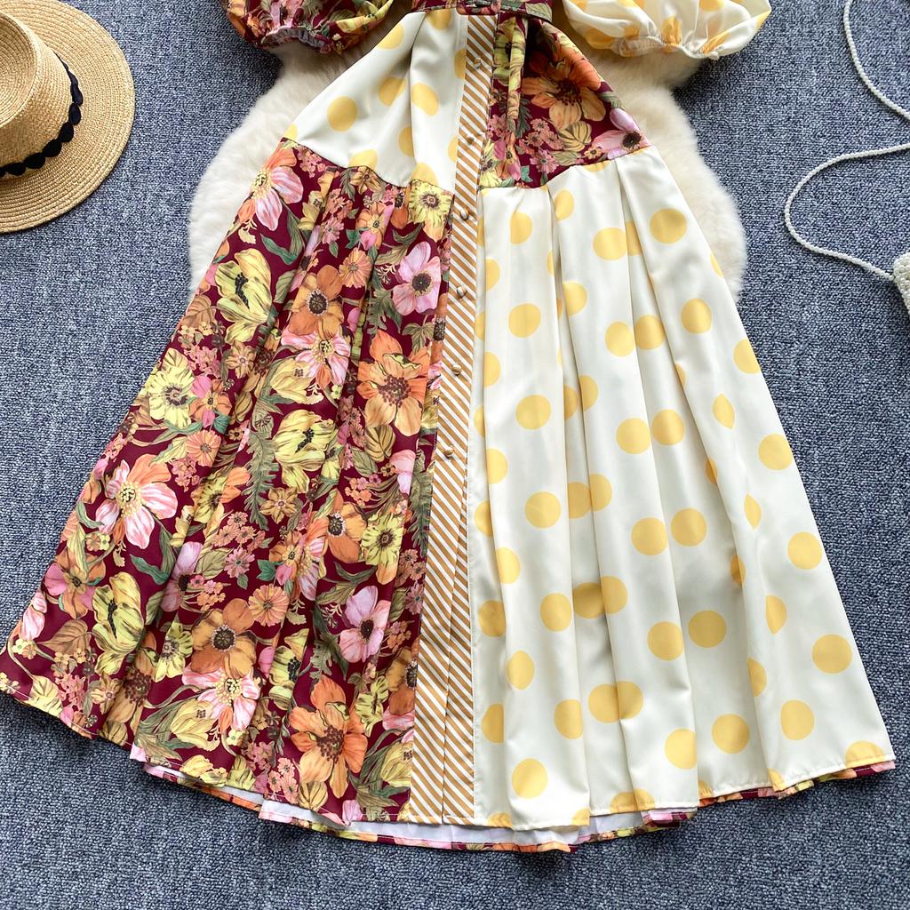 Summer Elegant Midi Patchwork Dress for Women Lapel 3/4 Sleeve Wave Point Breasted Female Design Vestidos New In 2024 Chic