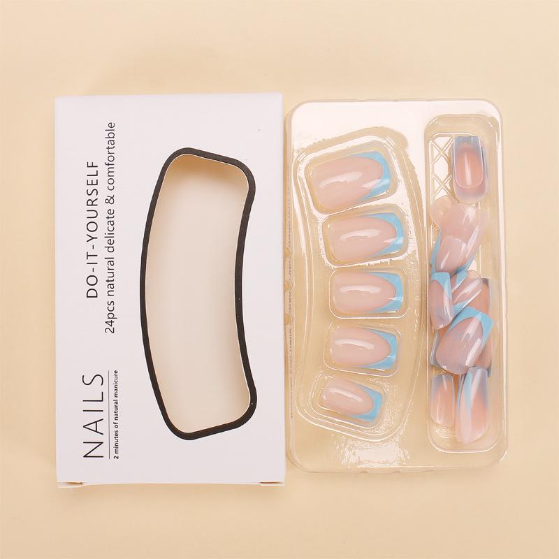 French Blue Edge Wearable Nail Art: 24 Pieces of Short Square False Nails